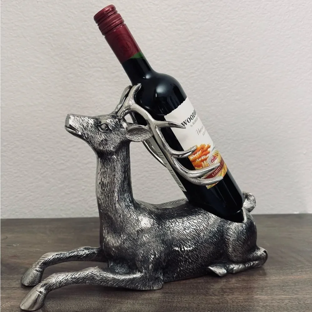 Elegant Silver Reindeer Holiday Christmas Wine Bottle Display Stand Holder